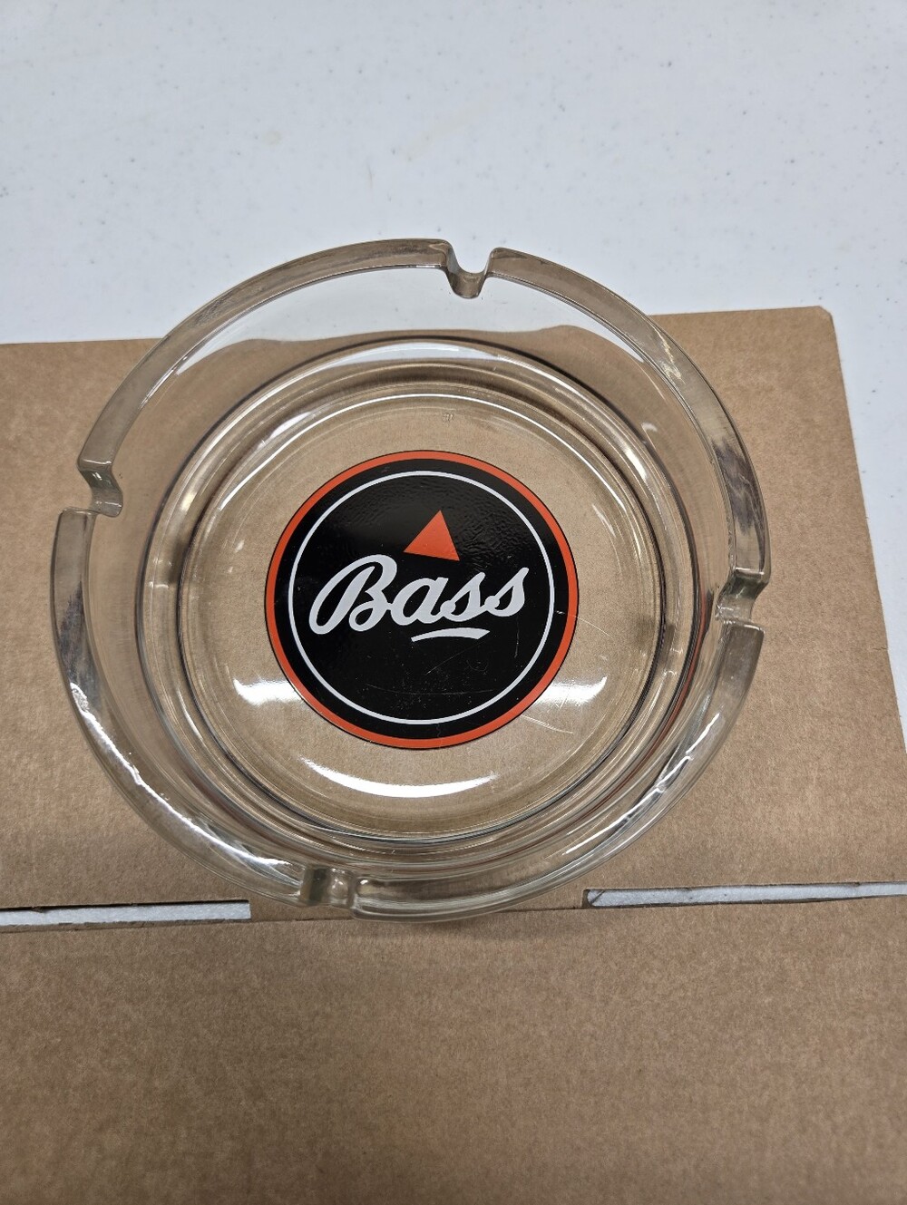 Vintage Bass Ale Advertising Ashtray Clear Glass Logo Red  6”x1” Excellent Cond